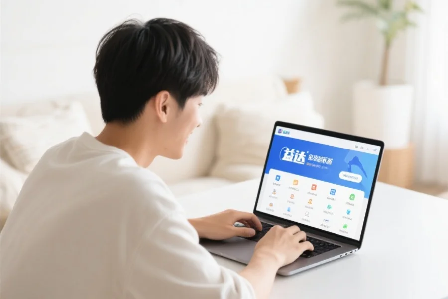 一位年轻用户在明亮舒适的室内环境中愉快地使用笔记本电脑，屏幕上展示意昂2客户端新版界面